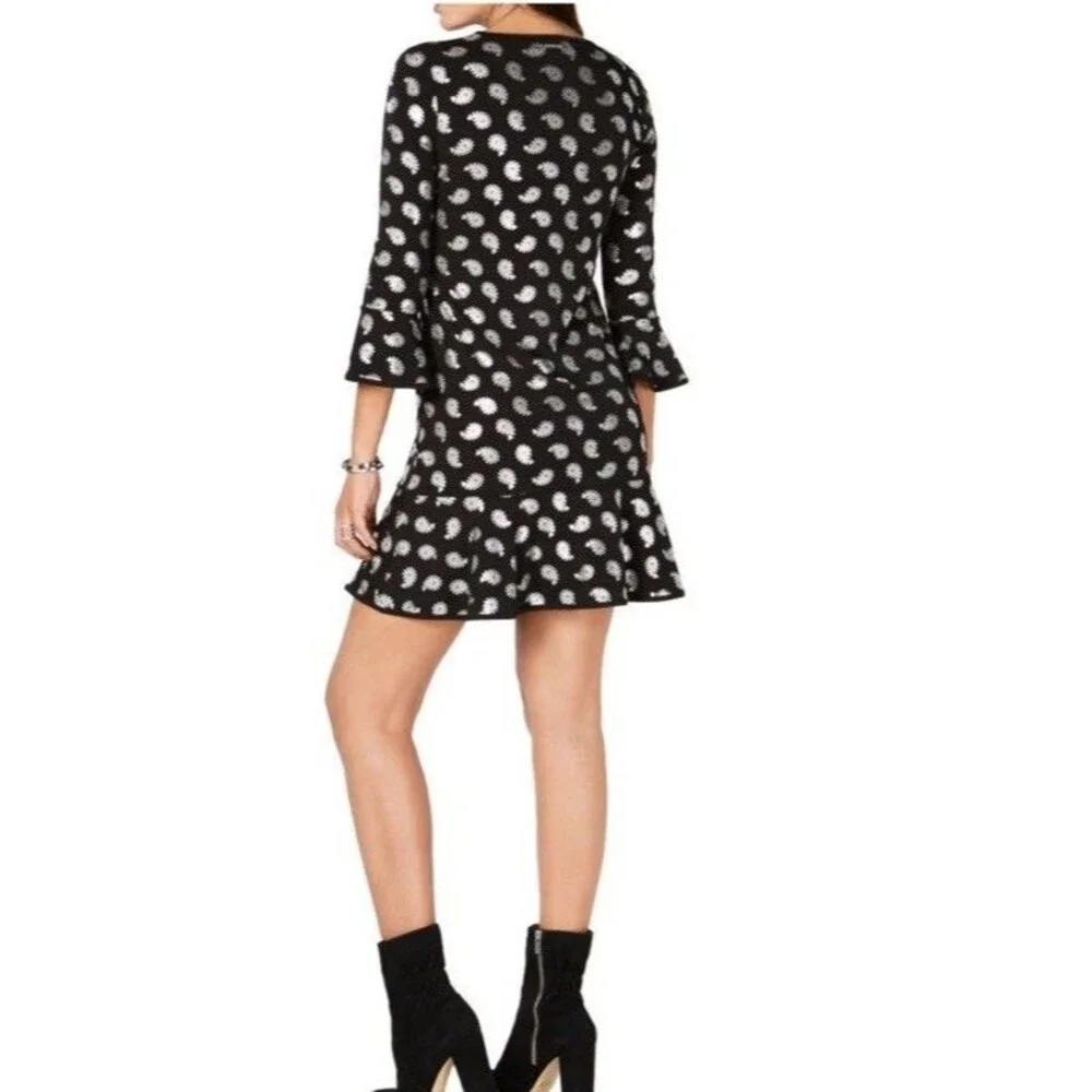 MICHAEL KORS Black/Silver Foil Paisley Flounce Shift Dress Bell Sleeves Size S